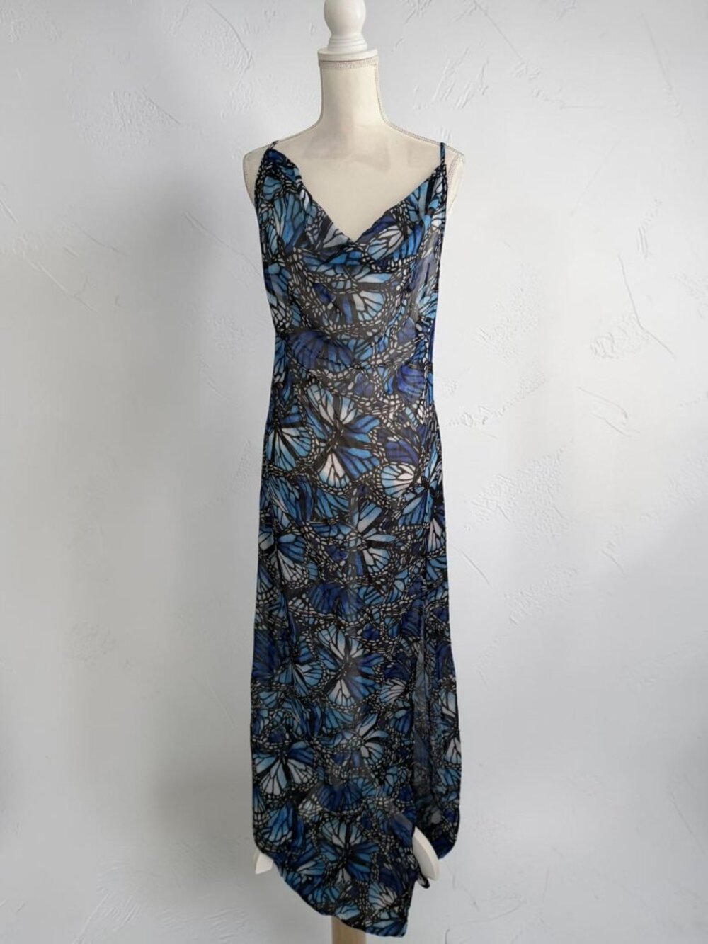 TOLUCA Butterfly Blue Sheer Maxi Gown Dress Size L NEW NWT